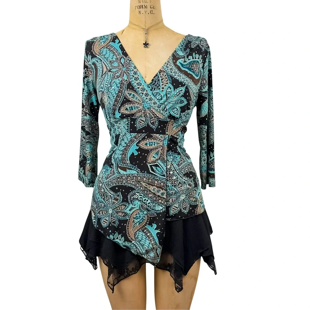 90s Retro Sequin Teal Paisley Wrap Top Asymmetrical Hem 80s Glamoratti Size M - Picture 1 of 8